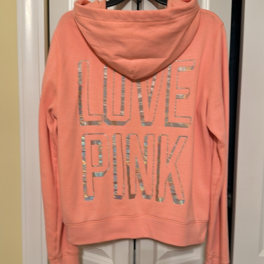 Victoria's Secret PINK Bling Full Zip Hoodie Peach Iridescent Holographic Logo L - Picture 5 of 8